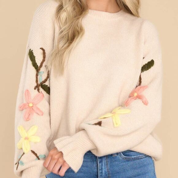 SEE AND BE SEEN Array Of Flowers Embroidered Sweater Tan Cream {3G39} - Picture 3 of 10